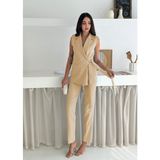 Krem Kuşak Bağlamalı Yelek Kemerli Havuç Pantolon Dokuma Kumaş Ikili Takım - 001-Krem - 2XL
