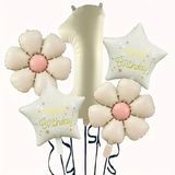 Krem Papatya 1 Yaş Happy Birthday Yıldız Rakam Folyo Balon Set