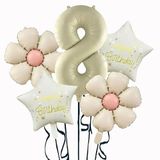 Krem Papatya 8 Yaş Happy Birthday Yıldız Rakam Folyo Balon Set