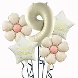 Krem Papatya 9 Yaş Happy Birthday Yıldız Rakam Folyo Balon Set