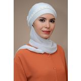 Krem Pratik Hazır Geçmeli Tesettür Bone Sandy Kumaş Örgülü Güllü Şifon Atkılı 1203A_40