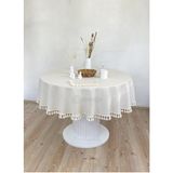 Krem Püsküllü Yıkanmış Buldan Keten Ponponlu Sade Düz %100 Pamuklu Natural Bej Yuvarlak Masa Örtüsü - 120 x 120 cm