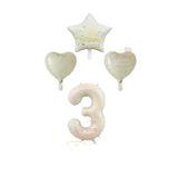 Krem Renk Rakam Happy Bırthday Yazılı Yıldız ve Kalpli Folyo Balon Seti Yaş 3