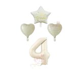 Krem Renk Rakam Happy Bırthday Yazılı Yıldız ve Kalpli Folyo Balon Seti Yaş 4