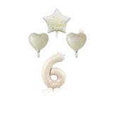 Krem Renk Rakam Happy Bırthday Yazılı Yıldız ve Kalpli Folyo Balon Seti Yaş 6