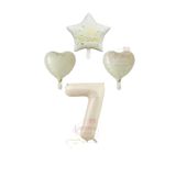 Krem Renk Rakam Happy Bırthday Yazılı Yıldız ve Kalpli Folyo Balon Seti Yaş 7