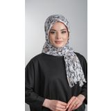 Krem-Siyah Pratik Hazır Geçmeli Tesettür Eşarp Kesik Elyaf Piliseli Çiçek Desenli 1818D6_4001