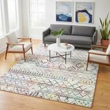 Krem Ve Çok Renkli Etnik Desenli Dijital Baskılı Halı Kaymaz Tabanlı, Modern Boho Çizgili Salon Ve
