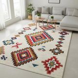 Krem Ve Renkli Etnik Desenli Dijital Baskılı Halı Kaymaz Taban Modern Boho Tarz Salon Oda Halısı