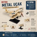 Krenva Klasik Krem Retro Metal Uçak - El Yapımı Çift Kanatlı Dekoratif Maket Uçak Hediyelik Eşyalar