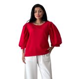 Krep Balon Kol Bisiklet Yaka Bluz (Kırmızı, 2XL)