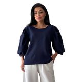 Krep Balon Kol Bisiklet Yaka Bluz (Lacivert, XL)