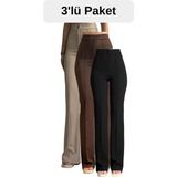 Krep Kumaş Likralı Kadın Palazzo Pantolon 3'lü Set - Siyah-Bej-Kahverengi - 42