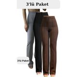 Krep Kumaş Likralı Kadın Palazzo Pantolon 3'lü Set - Siyah-Gri-Kahverengi - 36