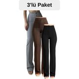 Krep Kumaş Likralı Kadın Palazzo Pantolon 3'lü Set - Siyah-Gri-Kahverengi - 38