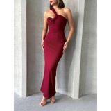 Krinkıl Tek Omuz Uzun Elbise Bordo S25455