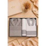 Kristal Dream Jakarlı 6 Parça Aile Bornoz Takımı Gri - Beyaz