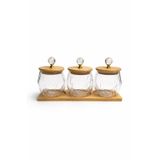 Kristal Kulplu Cam Kavanoz (10x10 cm) Seti 3’lü – Bambu Kapaklı & Ahşap Altlıklı Dekoratif Saklama Kabı