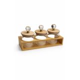 Kristal Kulplu Cam Kavanoz (8x8 cm) Seti 3’lü Ahşap Standlı – Şekerlik, Sunumluk, Baharat Seti