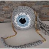 Kristal 🧿 Nazar Boncuğu Desenli Makaron Model El Örgüsü Çanta 🧿 - 02 - Gri