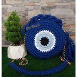 Kristal 🧿 Nazar Boncuğu Desenli Makaron Model El Örgüsü Çanta 🧿 - Gece Mavisi