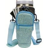 Kristal Taşlı Çapraz Askılı Ayarlanabilir Kayışlı Termos Kılıfı Omuz Çantası Quencher Stanley - Mavi