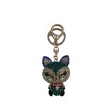 Kristal Taşlı Kedi Figürlü Anahtarlık, Mavi-Yeşil Renkli, Metal