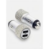 Kristal Taşlı Metal Araç Çakmaklık Şarj Aleti Çift Usb-A Girişli Hızlı Şarj 2.4A 12-24V Gümüş