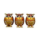 Kristal Taşlı Metal Baykuş Biblo Seti, 3 Parça, 6x5 cm, Renkli Dekoratif Süs (Sarı)