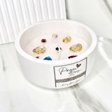 Kristal Taşlı Özel Tasarım %100 Doğal Soya Wax Mum, Yuvarlak Kase Model - Beyaz