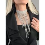 Kristal Taşlı Saçaklı Püskül Model Silver Renk Abiye Choker Tasma Kolye