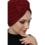 Kristal Yelpaze Taş İşlemeli Çift Taraflı Astarlı Bordo Hazır Türban Tesettür Abiye Bone