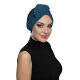 Kristal Yelpaze Taş İşlemeli Çift Taraflı Astarlı Petrol Hazır Türban Tesettür Abiye Bone