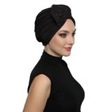 Kristal Yelpaze Taş İşlemeli Çift Taraflı Astarlı Siyah Hazır Türban Tesettür Abiye Bone