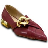 Krıste Bell 5229 Bordo Kadın Sivri Burun Üstten Tüm Çapraz Atmalı Zincirli Babet Ayakkabı - 00Bordo