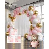 Krom Gold, Makaron Pembe Ve Beyaz Balon Temalı 1 Yaş Set One Kutu Pembe Kalpli Ayıcık Folyo Ve Balon Zincir Set Pembe