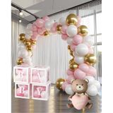 Krom Gold, Makaron Pembe Ve Beyaz Balon Temalı Baby Shower Set Baby Kutu Pembe Kalpli Ayıcık Folyo Ve Balon Zincir Set Pembe