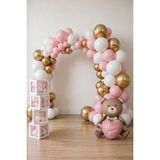 Krom Gold, Makaron Pembe ve Beyaz Balon Temalı Baby Shower Set; Baby Kutu Pembe Kalpli Ayıcık Folyo ve Balon Zincir Set - Renkli - PembeBaby