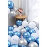 Krom Gümüş - Mavi ve Pastel Beyaz Renk Balon 10 ADET