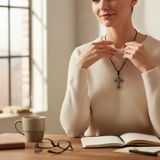 Krom Kaplama Kabartma Nokta Desenli Haç Figürlü Unisex Kolye - Yağlı Koton Kordonlu Ayarlanabilir Gotik Klasik Haç Kolye
