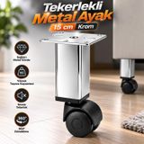 Krom Metal Gövdeli (1 Adet) 15 Cm Plastik Tekerlekli Mobilya Baza Sehpa Ayağı Ayak Kare