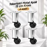 Krom Metal Gövdeli (4 Adet) 15 Cm Plastik Tekerlekli Mobilya Baza Sehpa Ayağı Ayak Kare