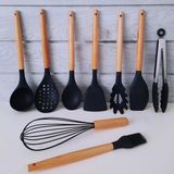 Krommet 9 Parça Bambu Saplı Silikon Servis Seti -Kepçe, Kevgir, Spatula, Kaşık, Spagetti K., Çırpıcı, Maşa