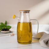 Krommet Bambu Kapaklı Vakumlu Borosilikat Cam Yağlık - Yağdanlık, Sirkelik 1000 ml - Şeffaf - 1 lt