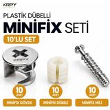 Krpy Plastik Dübelli Minifix Seti 10’lu Set – 10 Adet Minifix Gövde + 10 Adet Plastik Dübel + 10 Adet Minifix Mili – Mobilya Dolap Montaj Bağlantı Seti