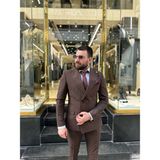 Kruvaze Çift Cebli Slim Fit Takım Elbise - 52 - Kahverengi