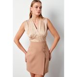 Kruvaze Desenli Saten Bluz - Camel