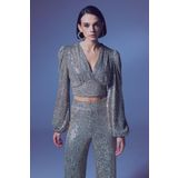 Kruvaze Payetli Crop Bluz - Bej