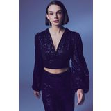 Kruvaze Payetli Crop Bluz - Lacivert