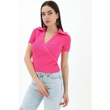 Kruvaze Polo Yaka Triko Kazak - Fuşya - Standart